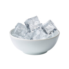 A white bowl filled with several clear, square ice cubes against a plain, black background