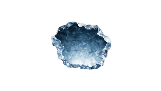 A cool-toned, translucent, and amorphous ice-like structure sits against a stark black backdrop