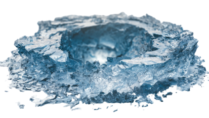An ice formation with a central hole, showcasing sharp edges and a cool color palette