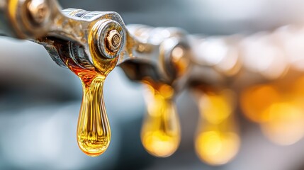 Close-Up of a Metal Chain with Dripping Lubricant, Highlighting Liquid Drops and Mechanical Details in Industrial Setting