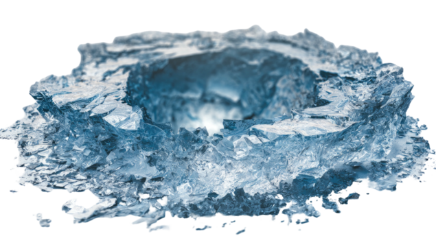 An ice formation with a central hole, showcasing sharp edges and a cool color palette