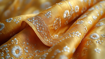 Close-up of traditional Thai clothing design featuring golden silk patterns and intricate embroidery white background 