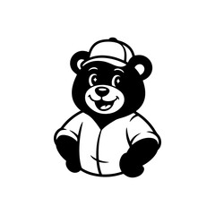 A cheerful black and white cartoon mascot of a bear wearing a baseball cap. The bear is smiling, gesturing with a raised thumb or hand on its hip. Ideal for sports or worker themes.