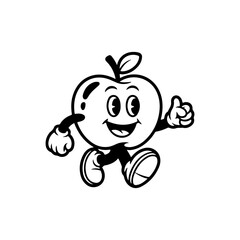 A black and white cartoon mascot of a cheerful apple walking, featuring large eyes, a smiling face, arms, legs, and classic retro animation style gloves and shoes.