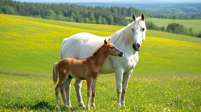 A white horse and a brown foal stand in a field of yellow flowers with green hills in the background