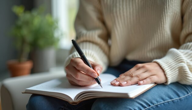 Woman writes in notebook with pen indoors. Person takes notes or planning in journal. Hands write in diary for business agenda or personal growth. Plant on the background near window.