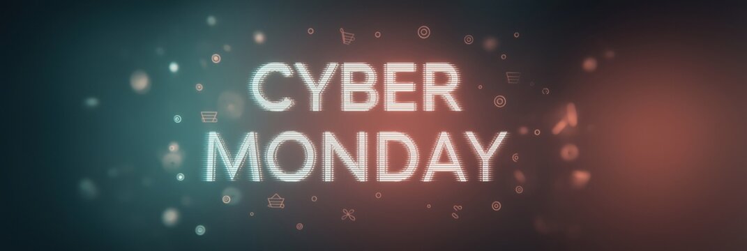 Cyber Monday text with animated glitch effect, dark gradient background, floating pixelated confetti