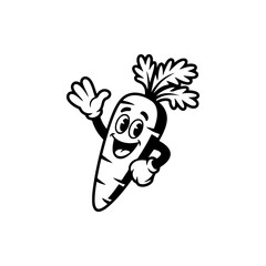 A black and white cartoon mascot of a cheerful carrot waving hello. The character features a big smile, gloves,  in a classic retro animation style.
