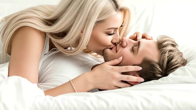 A couple in bed, a woman kissing a man passionately on the lips, intimate moment