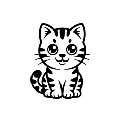 A black and white cartoon vector illustration of a cute, friendly tabby cat sitting. The kitten has big, sparkling eyes and prominent stripes,  in a simple, adorable style.