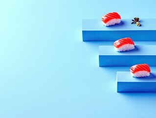 Three pieces of salmon nigiri sushi are artfully arranged on stacked blue geometric platforms, creating a minimalist and clean presentation.