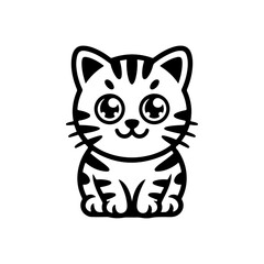 A black and white cartoon vector illustration of a cute, friendly tabby cat sitting. The kitten has big, sparkling eyes and prominent stripes,  in a simple, adorable style.