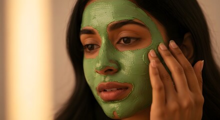 Woman applying a green facial mask for skincare treatment.