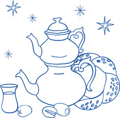 Hand-drawn graphic blue line art composition with Turkish traditional food and drink , tea and simit, in Mediterranean style