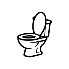 A simple black and white line art icon depicting a toilet or water closet with the lid raised. The illustration uses thick, clean lines and is isolated on a white background.