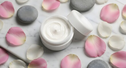 Jar of white cream surrounded by flower petals and stones on white surface.