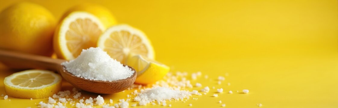 Citric acid crystals in wooden spoon next to lemon halves and whole lemons on yellow surface. Acid substance used for cooking cleaning and cosmetic purposes.