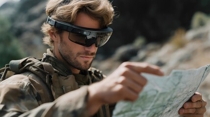 A tactical intelligence team using augmented reality glasses to overlay real-time enemy positions onto a physical map during rapid field planning — AR-assisted combat prep, location accuracy, and
