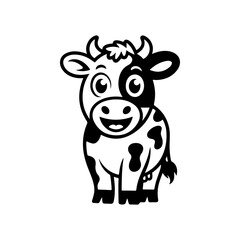 A black and white cartoon mascot of a spotted dairy cow standing and smiling. The character is in a simple, friendly style, ideal for milk or farm related businesses.