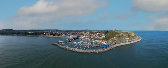 Aerial photo of Scarborough North Yorkshire UK.It is located on the North Sea coastline. Historically in the North Riding of Yorkshire, the town lies between 10 and 230 feet (3–70 m) above sea level, 