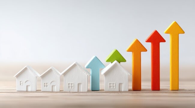 Row Of Miniature Houses With Colorful Upward Arrows Indicating Real Estate Market Growth On Wooden Surface