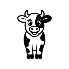 A black and white cartoon mascot of a spotted dairy cow standing and smiling. The character is in a simple, friendly style, ideal for milk or farm related businesses.