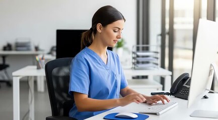 Young woman working on a computer in a hospital office during the coronavirus pandemic era - Powered by Adobe