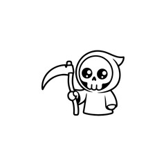 A black and white cartoon character of the Grim Reaper holding a scythe. The cute, chibi style figure features a skull head and a flowing hooded robe, suitable for playful Halloween themes.