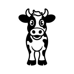 A black and white cartoon mascot of a spotted dairy cow standing and smiling. The character is in a simple, friendly style, ideal for milk or farm related businesses.