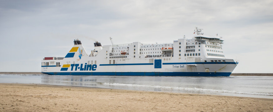Swinoujscie, West Pomeranian - Poland - June 05, 2025: Passengers and cars ferry Tinker Bell sailing from Trelleborg to Swinoujscie. Transport across Baltic Sea