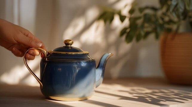 Close-up of hand tilting teapot with sunlight reflecting on ceramic surface — representing relaxation, daily self-care routine, and lifestyle content for wellness and cozy home inspiration.