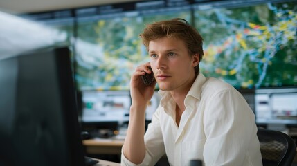 A dispatch manager overseeing a wall of real-time logistics maps and blinking route alerts, coordinating drivers through a digital command center — modern fleet management, supply chain visibility,
