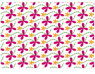 Vibrant floral seamless pattern with pink flowers, orange stars, and green vines on a white background.
