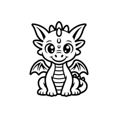 A black and white cartoon vector illustration of an adorable baby dragon sitting. The fantasy creature has big, sparkling eyes, small horns, and wings, rendered in a cute, simple style.