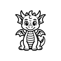 A black and white cartoon vector illustration of an adorable baby dragon sitting. The fantasy creature has big, sparkling eyes, small horns, and wings, rendered in a cute, simple style.
