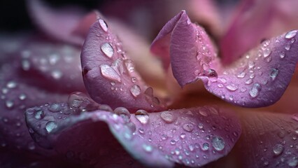 Pink and purple flowers with dew drops in a close-up garden scene