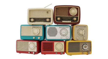 Collection of Vintage Radios Stacked Together Nostalgic Retro Devices