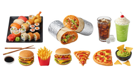 Fast Food Meal Combo Delicious Variety Sushi Burrito Pizza Burger Fries Soda Drinks