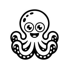 A black and white cartoon vector illustration of an adorable octopus sitting. The sea creature has big, sparkling eyes and tentacles, rendered in a cute, simple style.