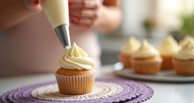 Woman pipes frosting onto cupcake using piping bag. Preparing sweet treats for birthday celebration at home kitchen. Multiple decorated desserts ready. - Powered by Adobe