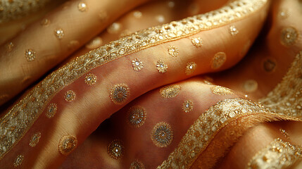 Close-up of a Thai-inspired silk dress with asymmetric hem, gold accents, and traditional patterns cinematic composition 