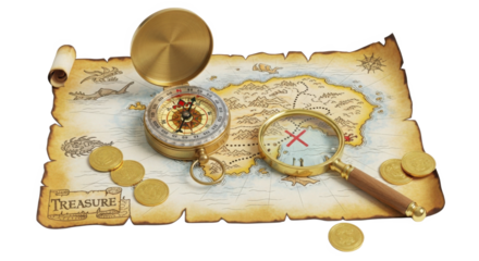 Ancient Treasure Map Compass Magnifying Glass Gold Coins Pirate Adventure Theme