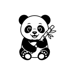 A black and white cartoon vector illustration of an adorable baby panda sitting and happily holding a stalk of bamboo. The character is simple, cute, and friendly.