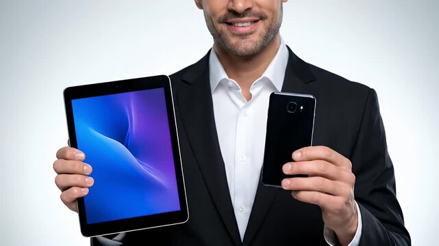 Man in Black Suit Holding Tablet with Blue Screen and Smartphone in Studio Light Isolated on White Background Demonstrating Modern Technology