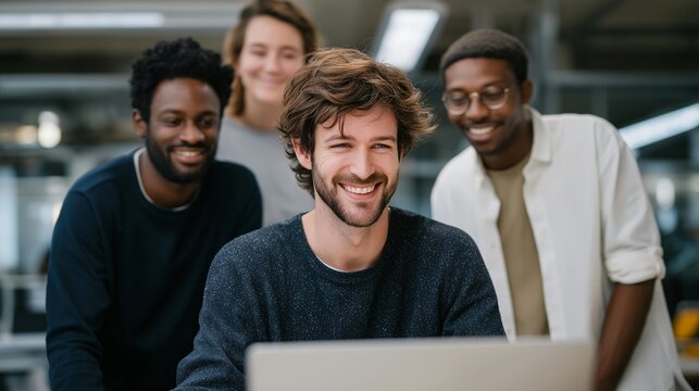 Team gathered around the new hire’s desk with laughter, coffee mugs, and open laptops — authentic workplace camaraderie, communication, and teamwork, showcasing a company that values collaboration