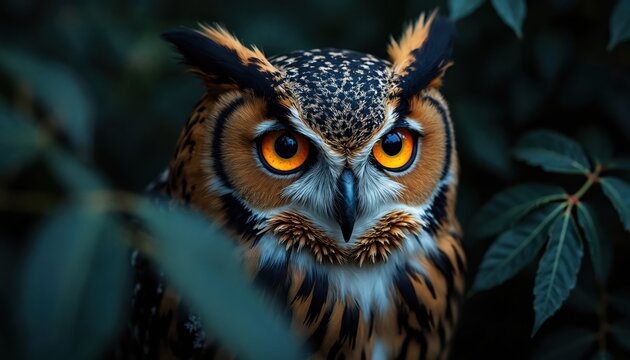 Close-up portrait of owl with bright yellow eyes. This nocturnal bird is in dark green foliage, looking intently. Its feathers show intricate patterns and textures. Scene feels mysterious and wild.
