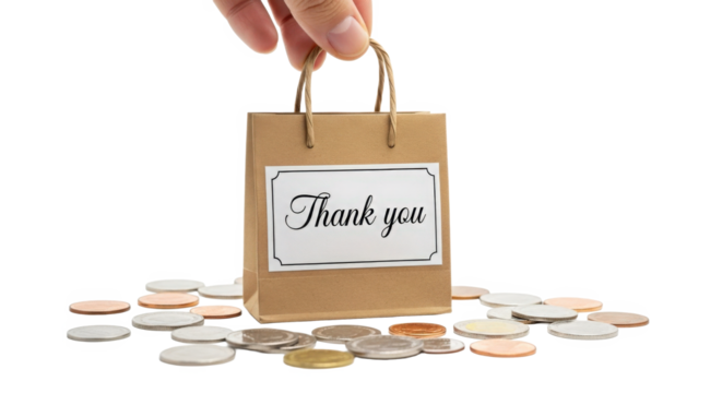Hand holding a thank you gift bag surrounded by assorted coins isolated on black background