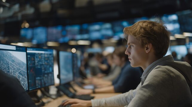 A fintech hub bustling with coders developing blockchain tools, analysts reviewing crypto trends, and glowing multi-screen dashboards — financial innovation, algorithmic trading, and digital - Powered by Adobe