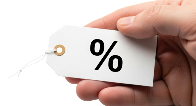 Hand Holding White Tag with Percentage Symbol Isolated on Transparent Background for Discount and Sale