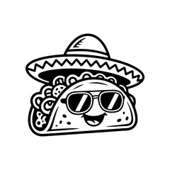 A black and white cartoon mascot of a taco wearing a sombrero and sunglasses. The smiling, cool character is stylized in a retro comic look, ideal for Mexican restaurant branding.
